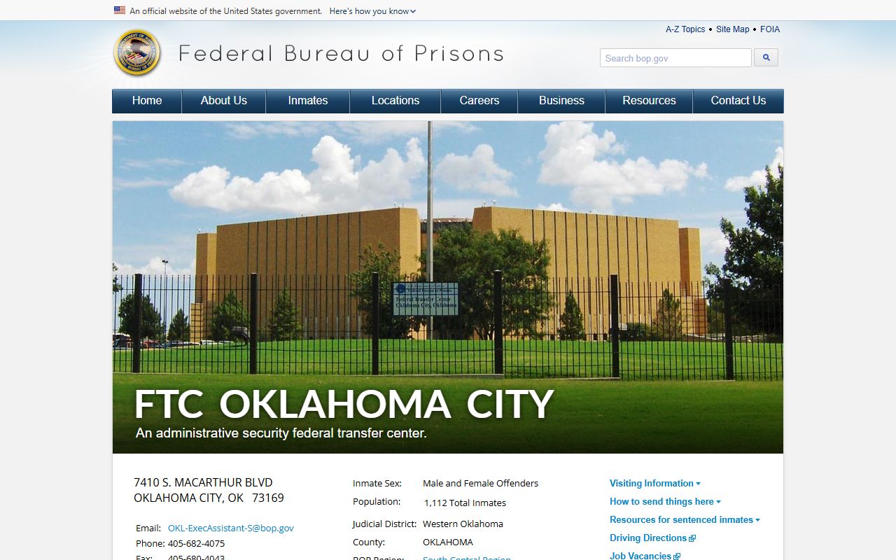 Federal Transfer Center Oklahoma City BOP facility page